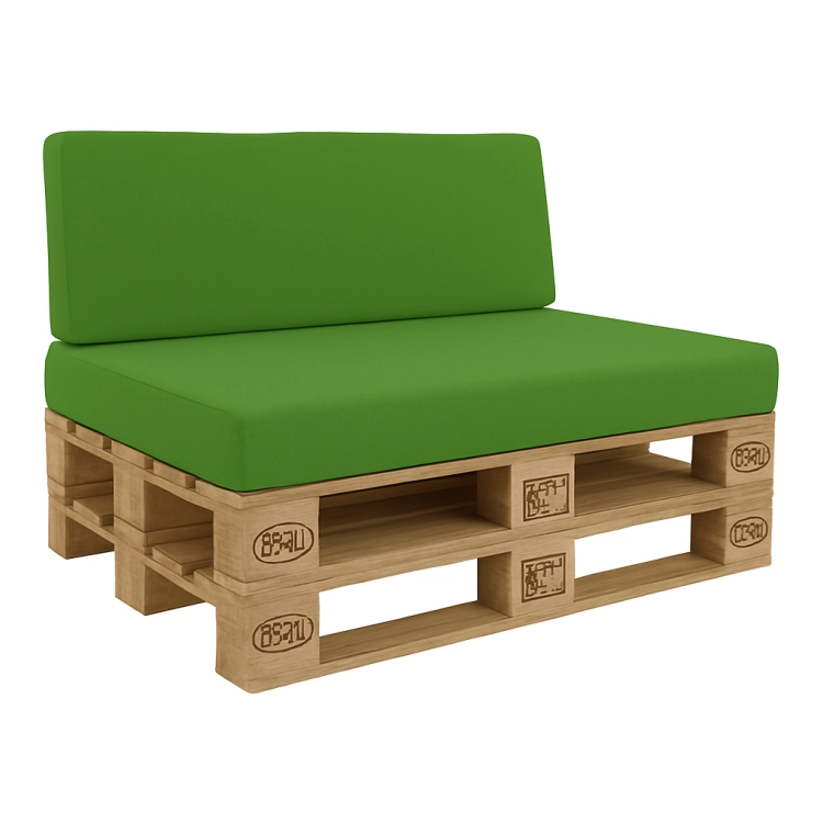 Canapé en palettes vert avec coussins sur mesure imperméables assortis sur fond blanc