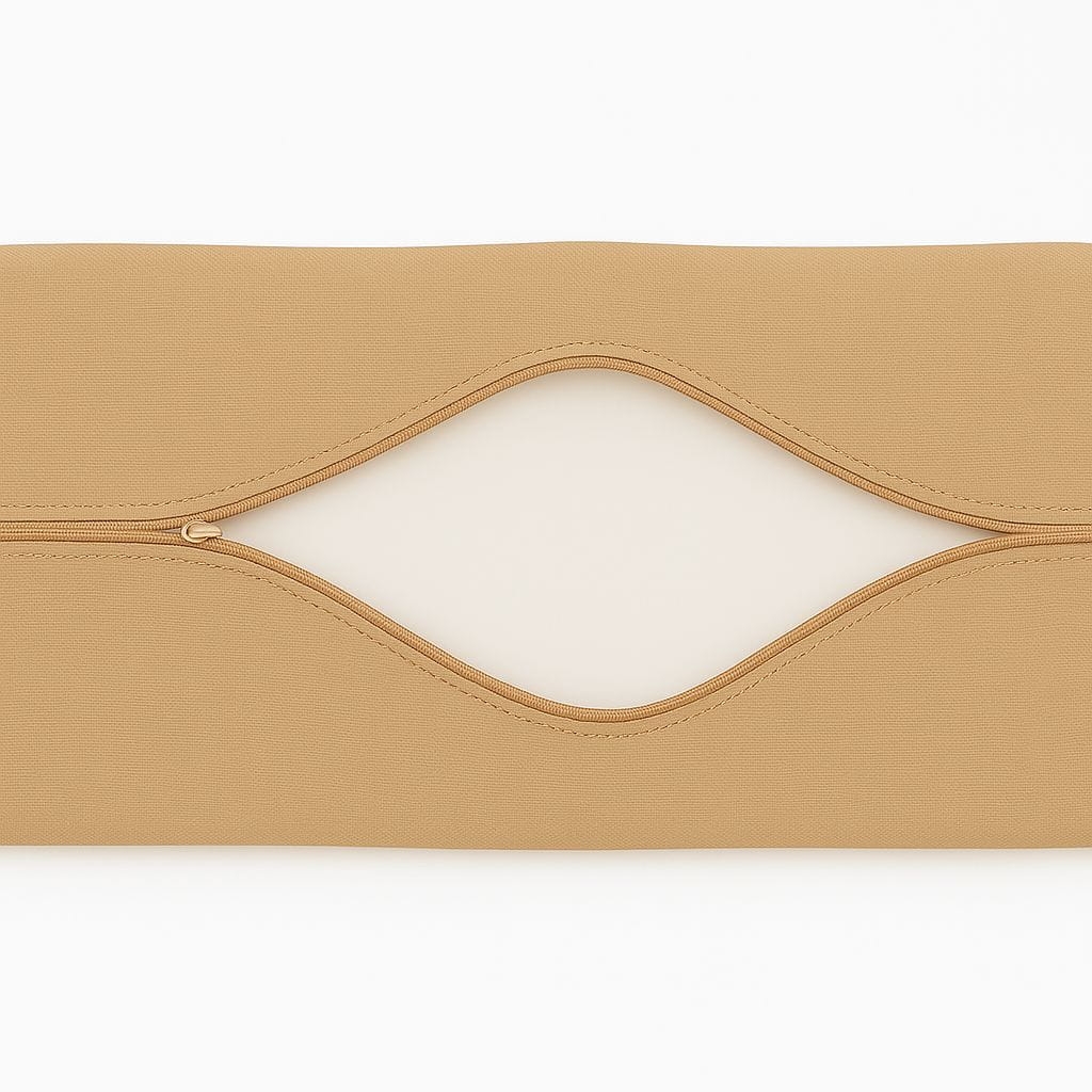 Primo piano di una custodia beige impermeabile per cuscini da giardino con cerniera aperta.