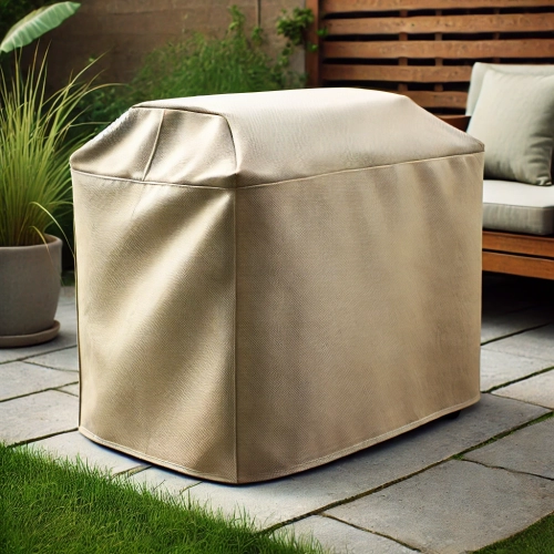 Housse de protection beige sur mesure pour meubles de jardin sur une terrasse près d'un banc en bois