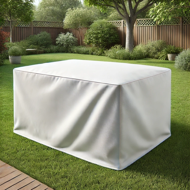 Housse de protection blanche sur mesure pour meubles de jardin posée sur une pelouse avec clôture en bois en arrière-plan