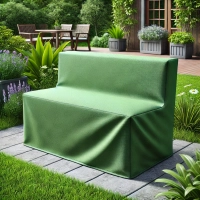 Housse de protection verte sur mesure pour canapé de jardin deux places sur une terrasse entourée de plantes