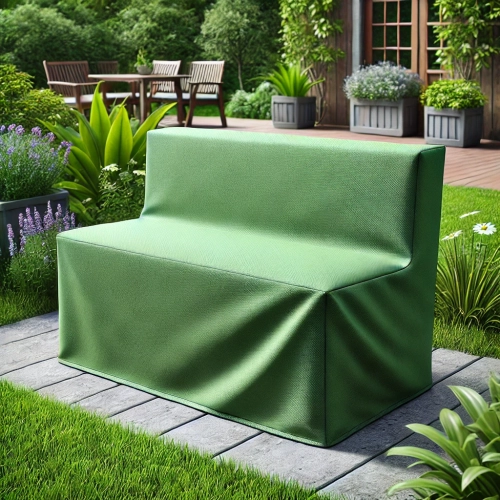 Housse de protection verte sur mesure pour canapé de jardin deux places sur une terrasse entourée de plantes