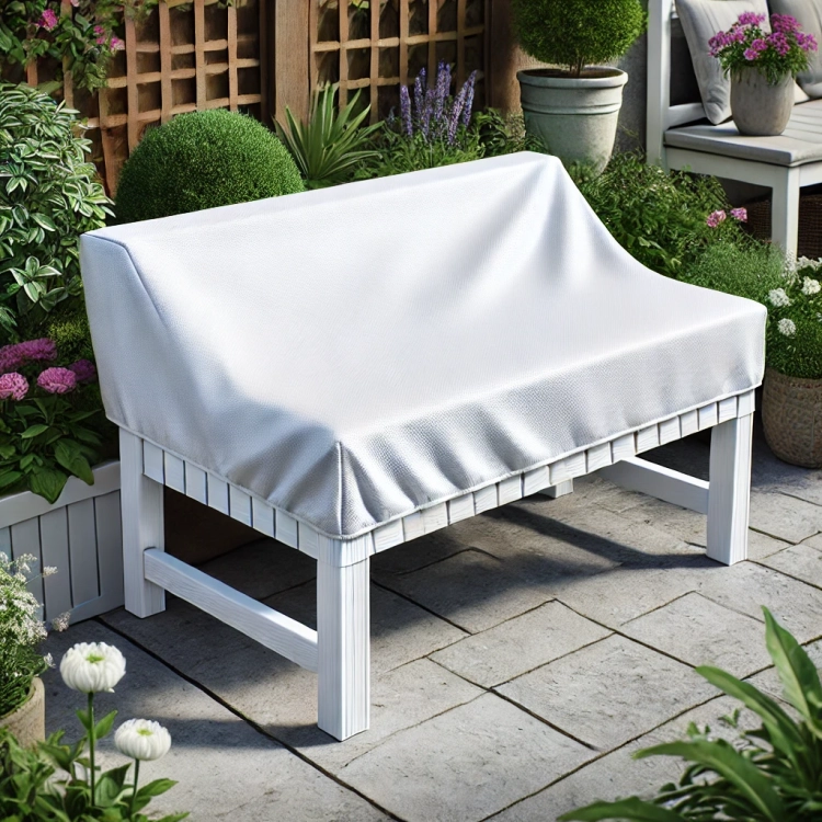 Housse de protection blanche sur mesure pour un banc de jardin blanc entouré de verdure et de fleurs sur la terrasse