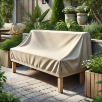 Housse de protection beige sur mesure pour banc de jardin sur une terrasse parmi des plantes et des jardinières en bois