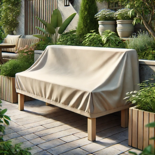 Housse de protection beige sur mesure pour banc de jardin sur une terrasse parmi des plantes et des jardinières en bois