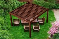 Bande d'ombrage HDPE marron tressée sur une pergola en bois dans un jardin avec mobilier de salon