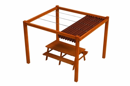 Bruin HDPE vouwgordijn voor terras op maat gemonteerd op houten pergola met picknicktafel
