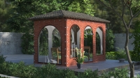 Bâche transparente pour terrasse avec imprimé briques protégeant une tonnelle de jardin
