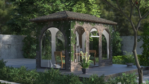 Bâche de terrasse transparente avec impression imitation pierre protégeant un gazébo de jardin avec meubles