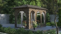 Bâche transparente haute qualité avec impression imitation pierre installée sur une tonnelle de jardin avec meubles