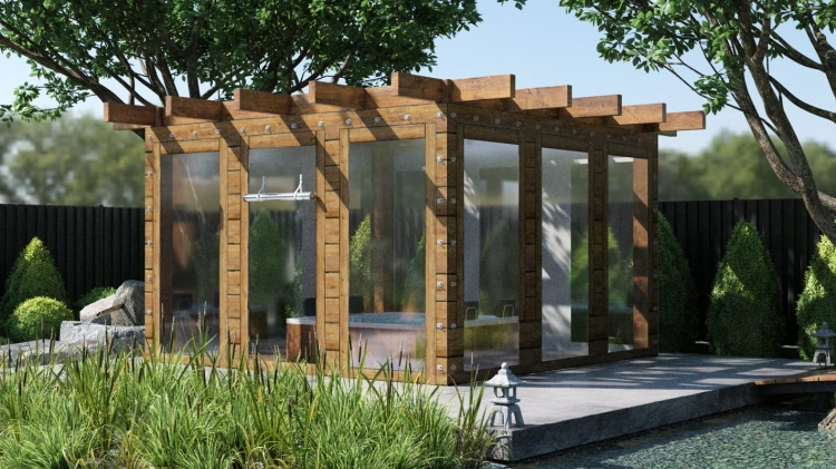 Bâche de terrasse transparente avec motif couvrant les côtés d'un belvédère moderne en bois avec jacuzzi à l'intérieur