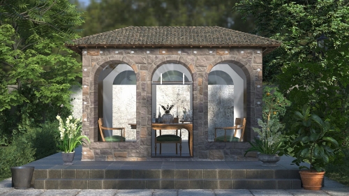 Bâche transparente sur mesure avec impression de pavillon en pierre, protégeant la terrasse du vent et de la pluie