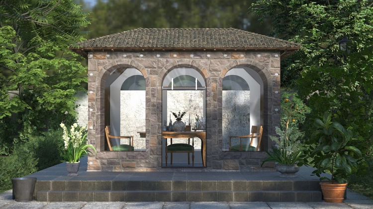 Bâche transparente sur mesure avec impression de pavillon en pierre, protégeant la terrasse du vent et de la pluie
