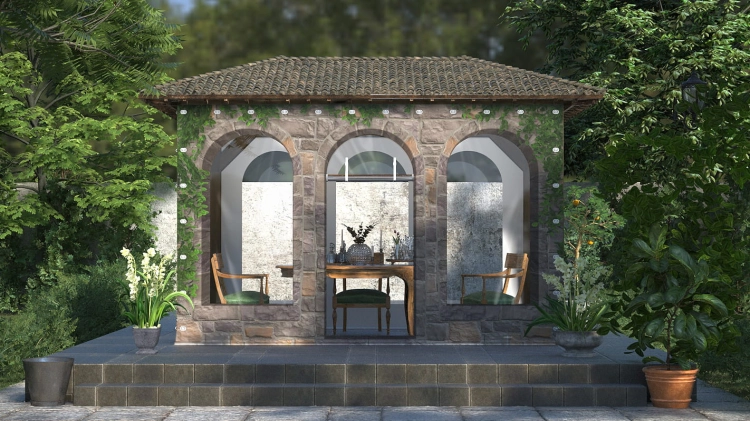 Bâche de terrasse transparente avec impression imitation pierre, protégeant un gazébo de jardin avec salon de jardin
