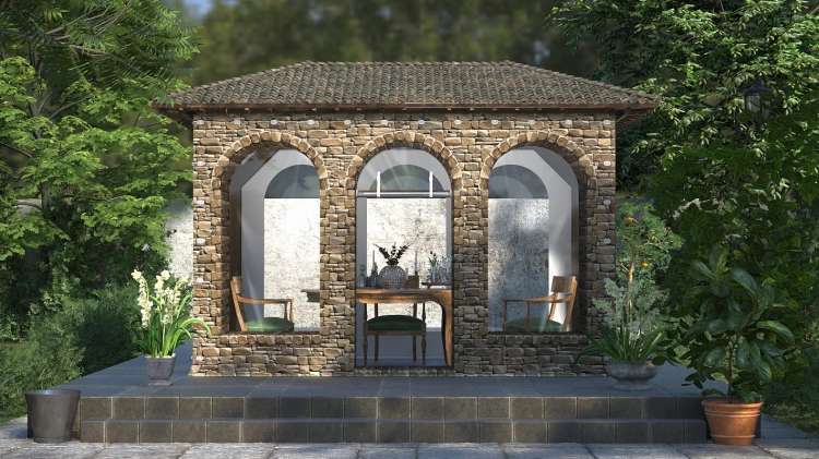 Bâche de terrasse transparente avec impression mur en pierre montée sur une tonnelle de jardin avec arches