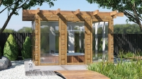Bâche transparente sur mesure montée sur un belvédère en bois avec vue sur le jardin et le jacuzzi