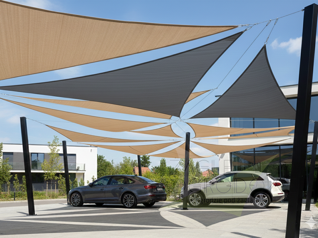 Voiles d'ombrage sur mesure au-dessus d'un parking avec deux voitures et des poteaux de montage noirs