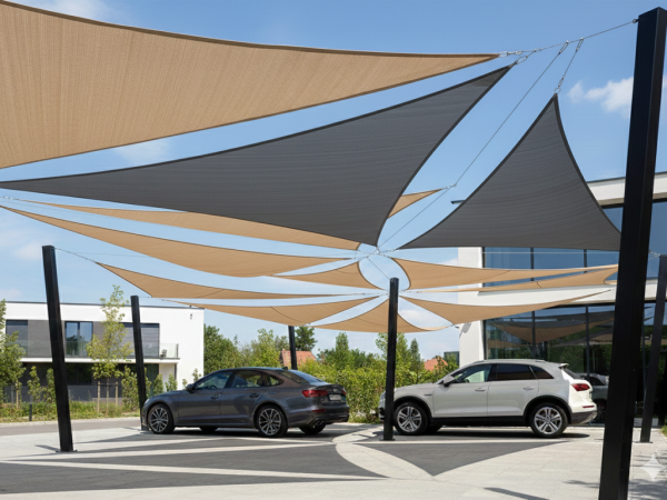 Voiles d'ombrage sur mesure au-dessus d'un parking avec deux voitures et des poteaux de montage noirs