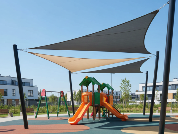 Voiles d'ombrage sur mesure graphite et crème au-dessus d'une aire de jeux colorée avec protection UV