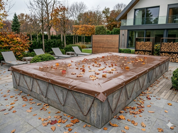 Bâche de piscine marron de la marque Szyte na Wymiar, protégeant le bassin extérieur des feuilles d'automne