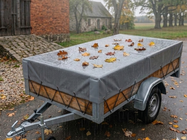 Bâche de protection grise sur mesure pour petite remorque de voiture avec ridelles en bois sous la pluie.