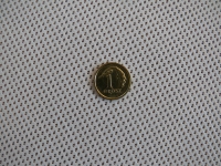 Pièce polonaise de 1 grosz sur un matériau en maille blanche, vue de près