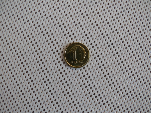 Pièce polonaise de 1 grosz sur un matériau en maille blanche, vue de près