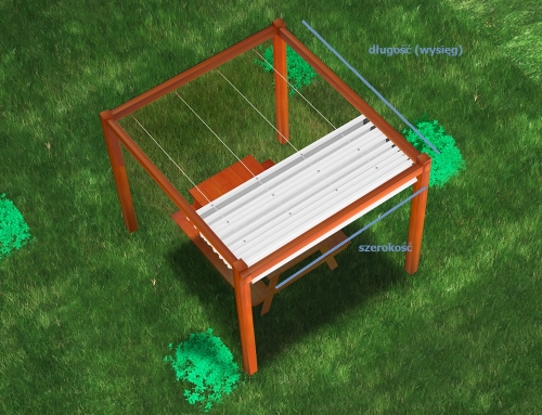 Pergola en bois avec store bateau blanc sur câbles, avec longueur et largeur de la structure marquées
