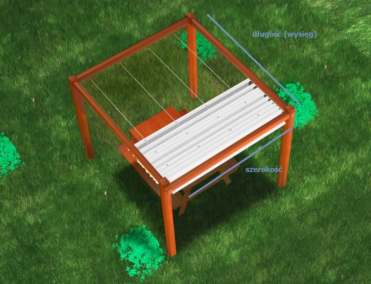 Pergola en bois avec store bateau blanc sur câbles, avec longueur et largeur de la structure marquées