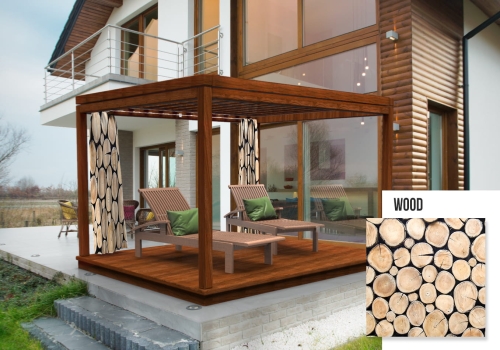 Rideau de jardin marron sur mesure avec imprimé troncs d'arbres, suspendu à une pergola de terrasse moderne en bois