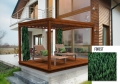 Gordijn voor in de tuin op maat met bosprint, opgehangen aan een moderne houten pergola met ligbedden