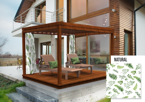 Rideau de jardin sur mesure avec motif de feuilles vertes, suspendu à une pergola moderne en bois avec des chaises longues