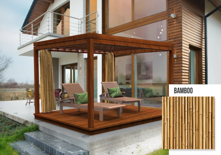 Rideau de jardin avec imprimé tiges de bambou sur une terrasse d'une maison moderne avec pergola en bois