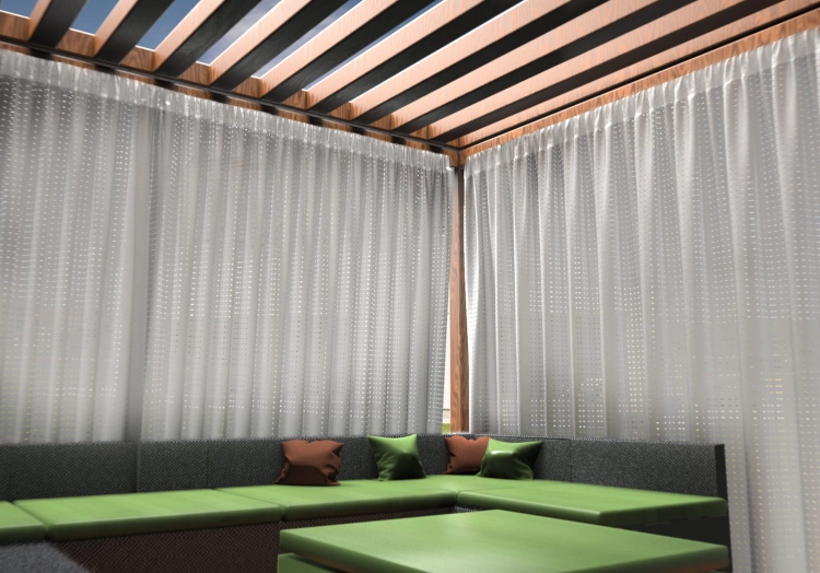 Cortina de terraza clara tipo visillo a medida, colgada en un cenador moderno con muebles de jardín verdes