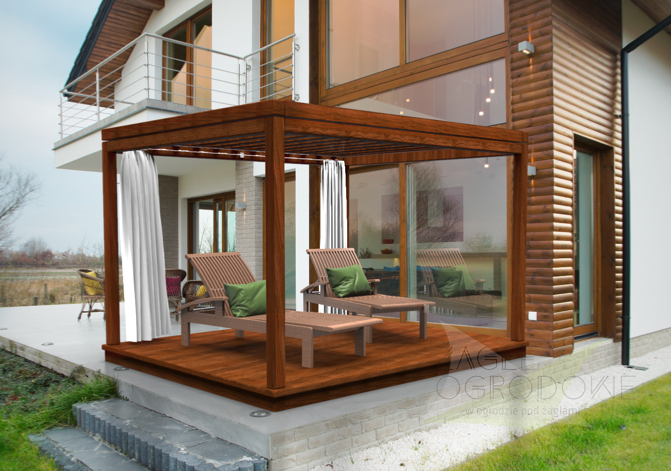 Cortina de terraza blanca tipo gasa colgada en una pérgola de madera con tumbonas ante una casa moderna