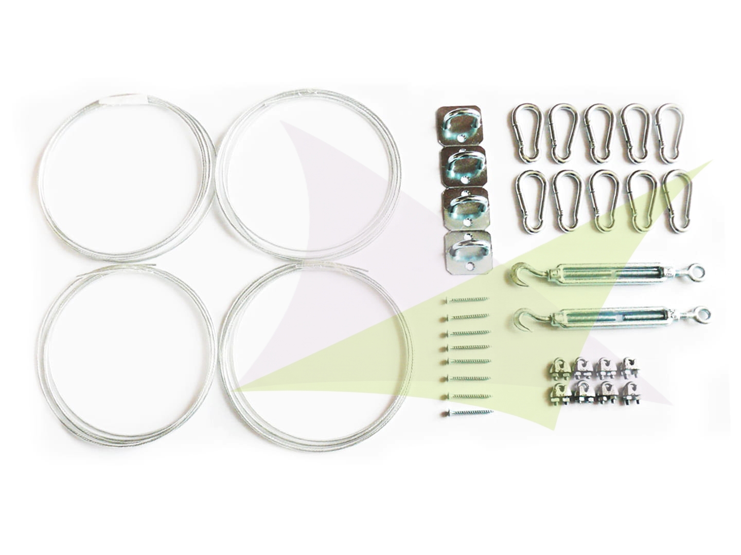 Montageset für Sonnensegel: Stahlseile, Spannschlösser, Karabinerhaken, Wandhalterungen und Seilklemmen