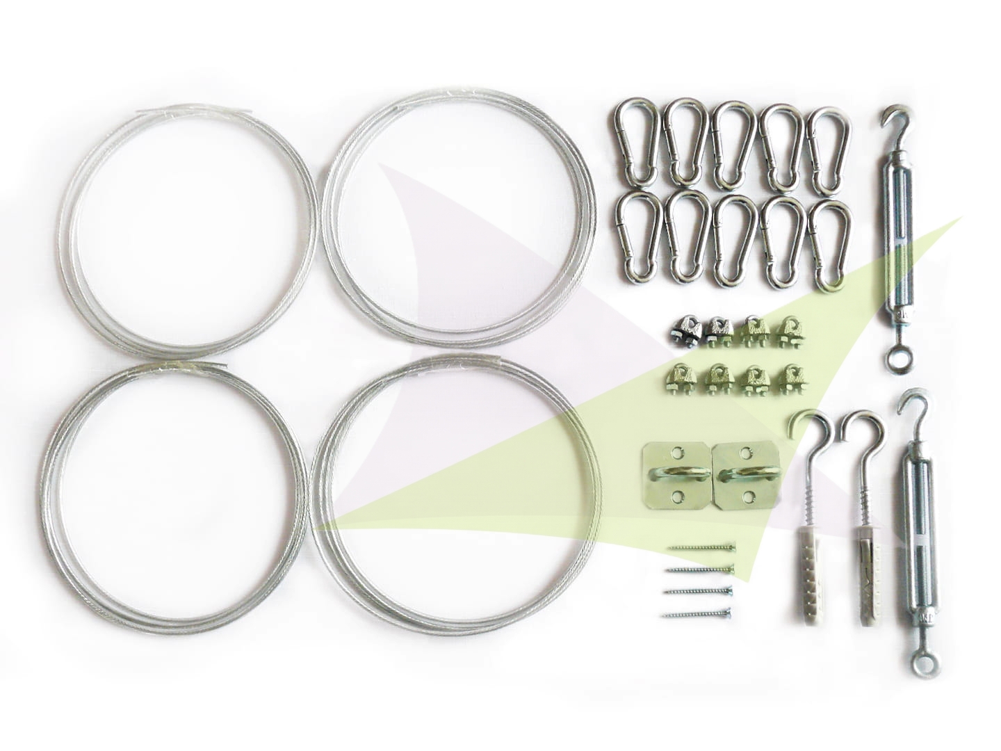 Montageset für Sonnensegel: Stahlseile, Karabiner, Spannschrauben, Klemmen und Wandhalterungen