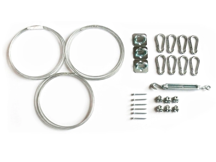 Zestaw montażowy do żagla ogrodowego: linki stalowe, karabińczyki, śruba rzymska, uchwyty ścienne i zaciski linki