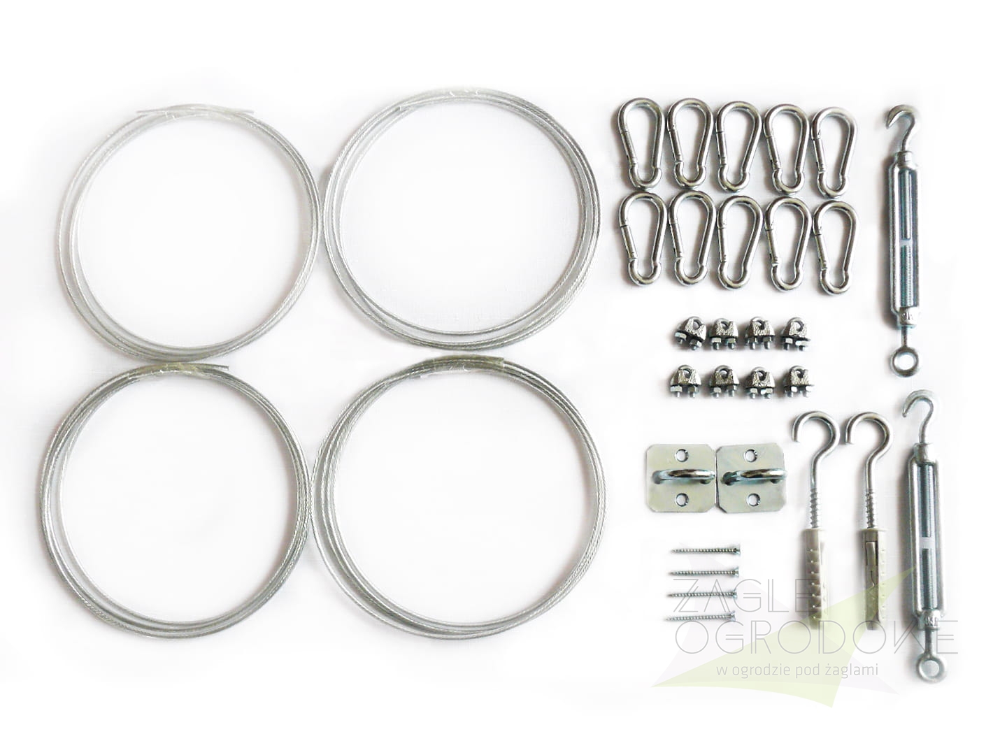 Kit de montage pour voile d'ombrage : câbles en acier, mousquetons, tendeurs, serre-câbles et supports muraux