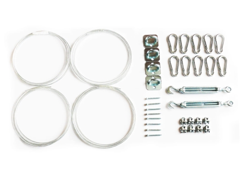 Kit de montaje para toldo vela: cables de acero, tensores, mosquetones, soportes de pared y sujetacables