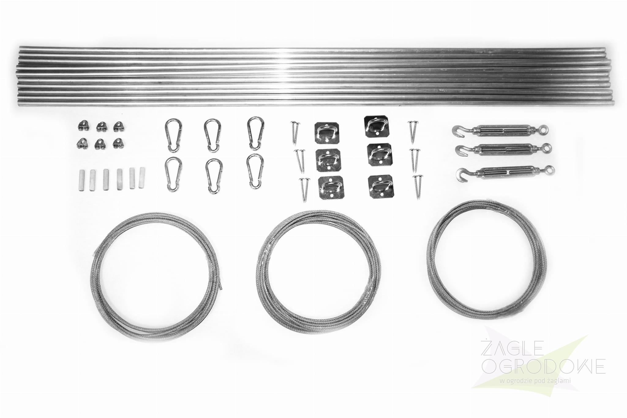 Kit de montage pour store romain de terrasse : tubes de renfort, câbles en acier, mousquetons et ridoirs