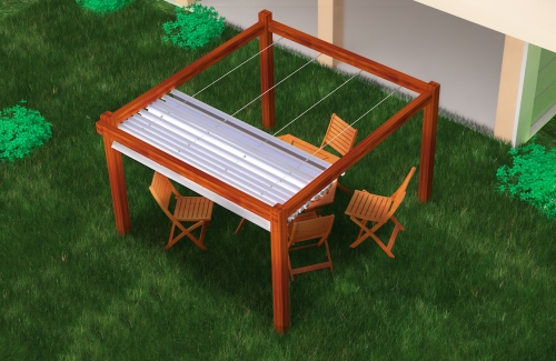 Store romain de terrasse blanc imperméable Premium 3x4 m installé sur une pergola en bois avec mobilier de jardin