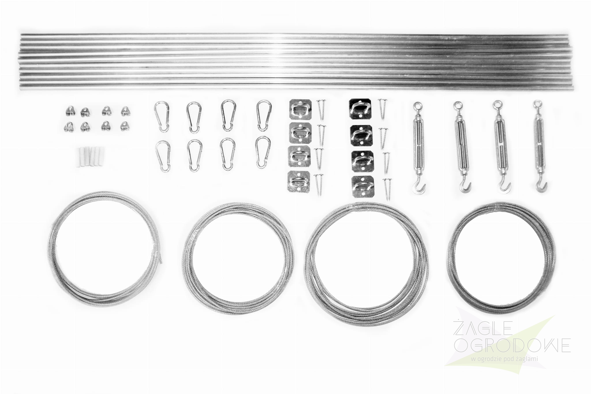 Kit de montage complet pour store bateau de terrasse, comprenant tubes, câbles en acier, mousquetons et tendeurs