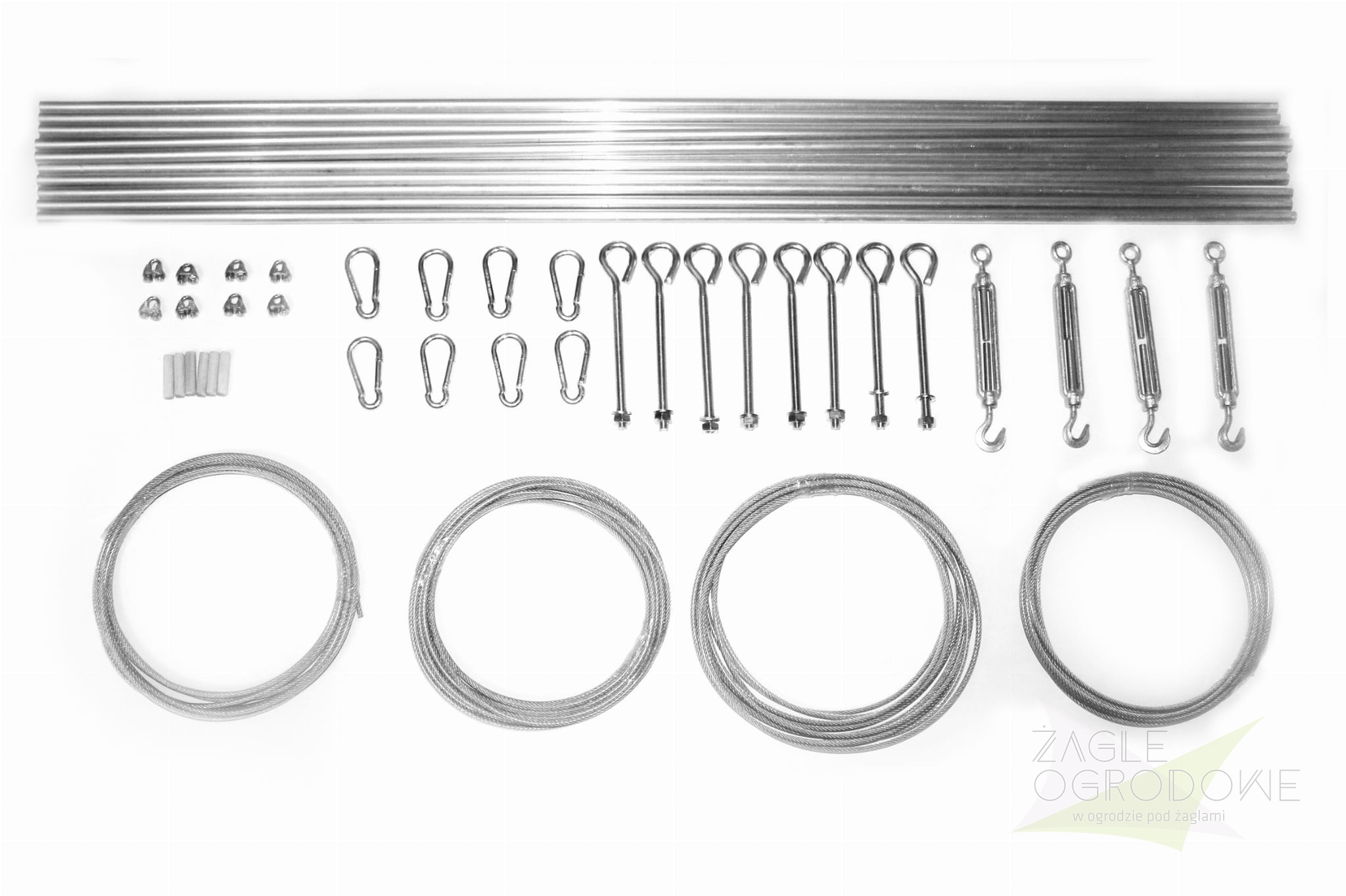 Kit de montage pour store bâteau de terrasse : câbles d'acier, tiges de renfort, mousquetons et tendeurs