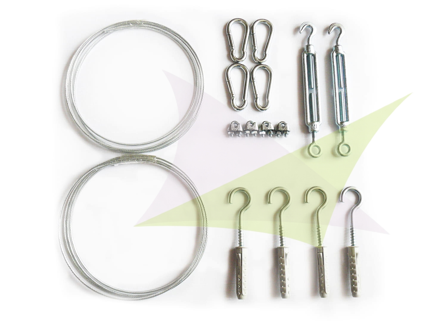 Montageset für ausziehbare Sonnensegel: Stahlseile, Karabiner, Spannschlösser, Klemmen und Haken mit Dübeln
