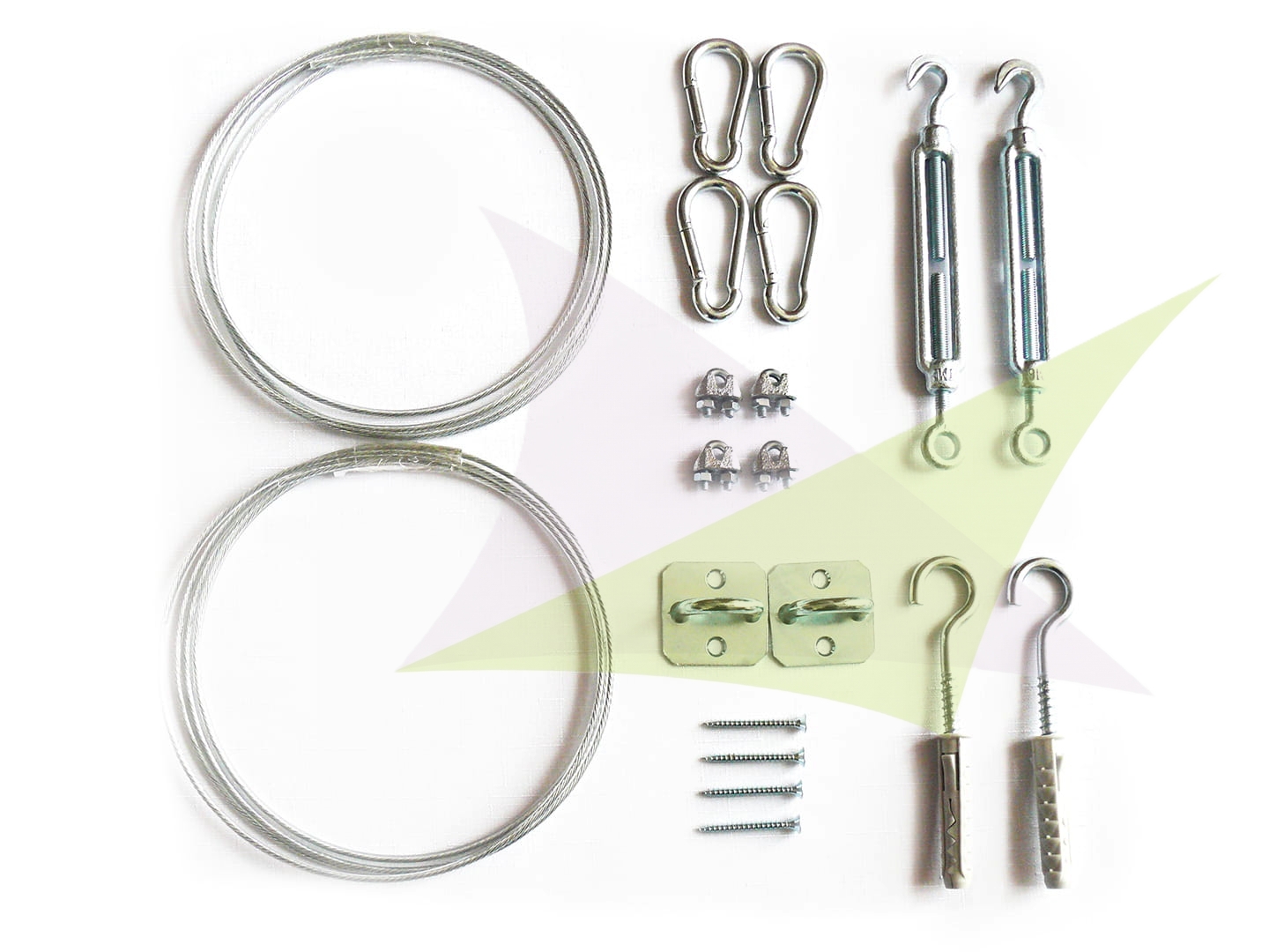 Montageset für ausziehbare Sonnensegel: Stahlseile, Spannschlösser, Karabiner, Klemmen, Halterungen und Dübel