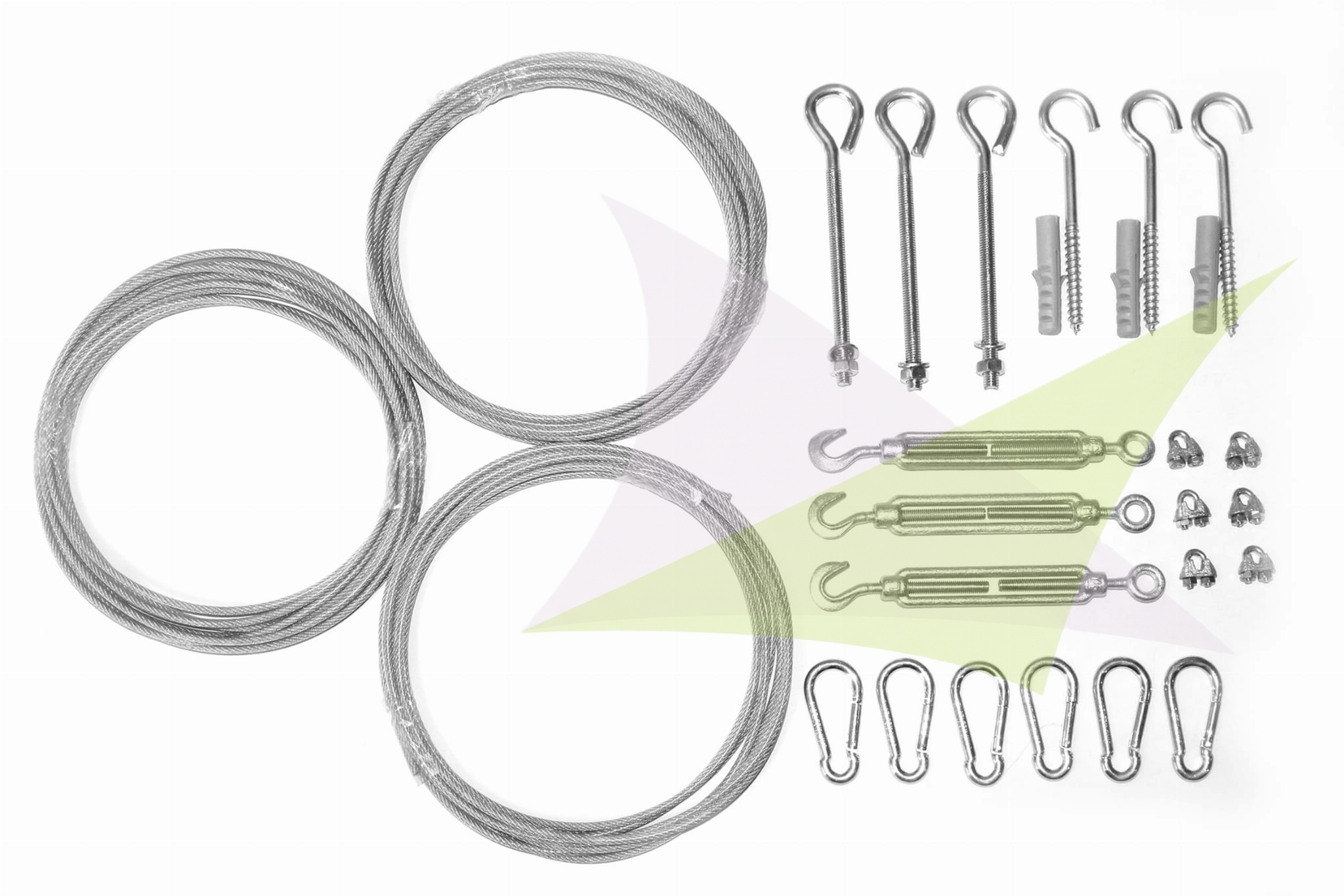 Montageset für ausziehbare Sonnensegel: Stahlseile, Spannschlösser, Karabiner, Klemmen und Wandösen