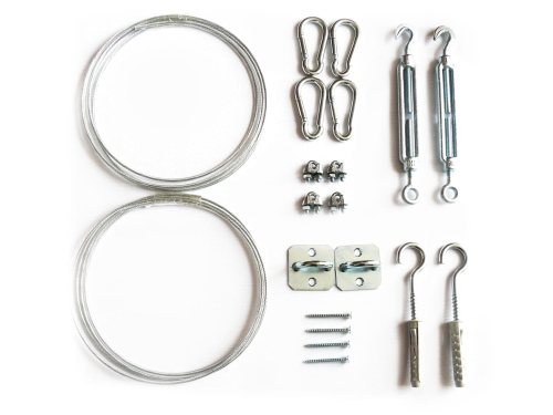 Kit de montaje para cortina de terraza con cable de acero, tensores, mosquetones y soportes de pared