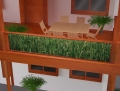Balkonbespannung mit Getreidefeld-Druck, Maße 5x1 m, an einem Holzgeländer der Terrasse montiert