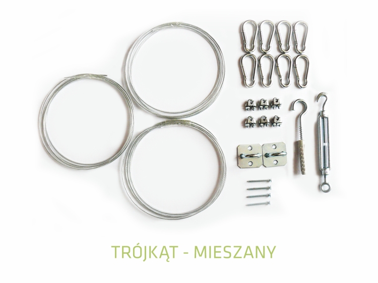 Kit de montaje mixto para toldos vela triangulares con cuerdas, mosquetones y tensores